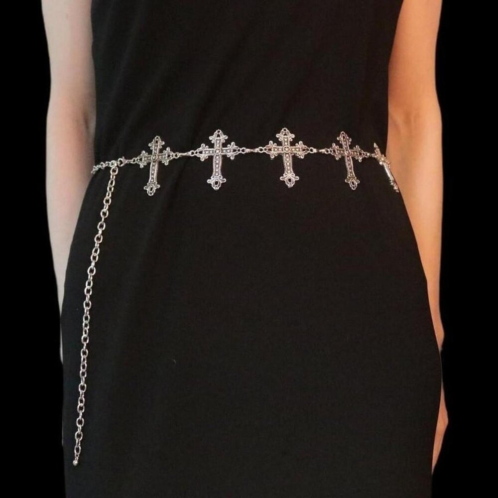 Silver gothic cross waist chain belt